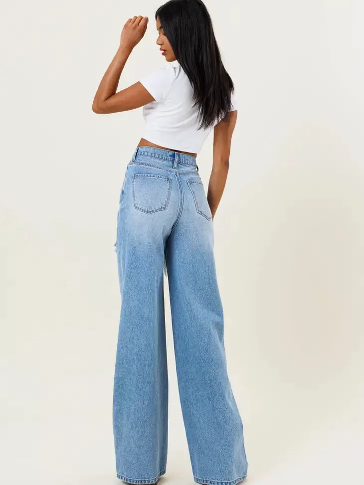 High Waist Distressed Wide Flood Denim Jeans