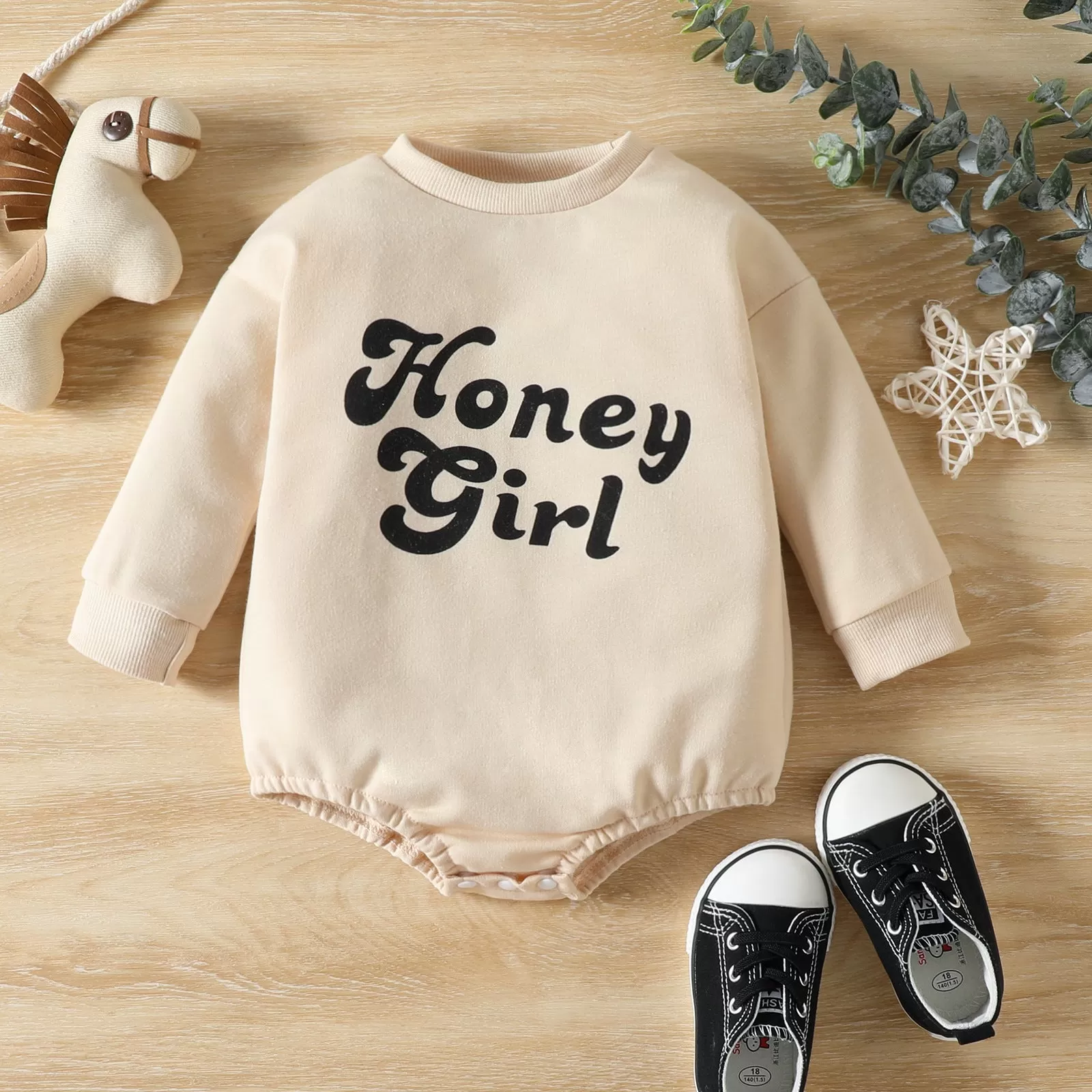 Honey Girls Letter Print Solid Color Long-sleeved Jumpsuit