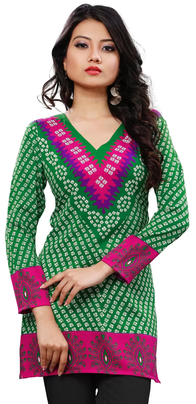 Indian Long Tunics Kurti Top Blouse Womens India Apparel (Green)