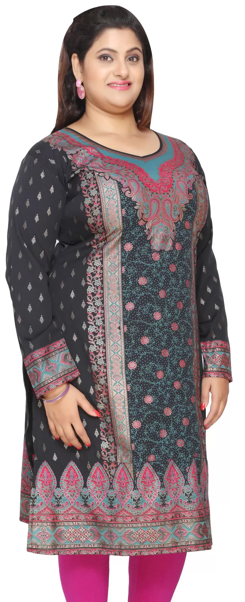 Indian Tunics Kurti Long Top Womens Plus Size Apparel (Black)