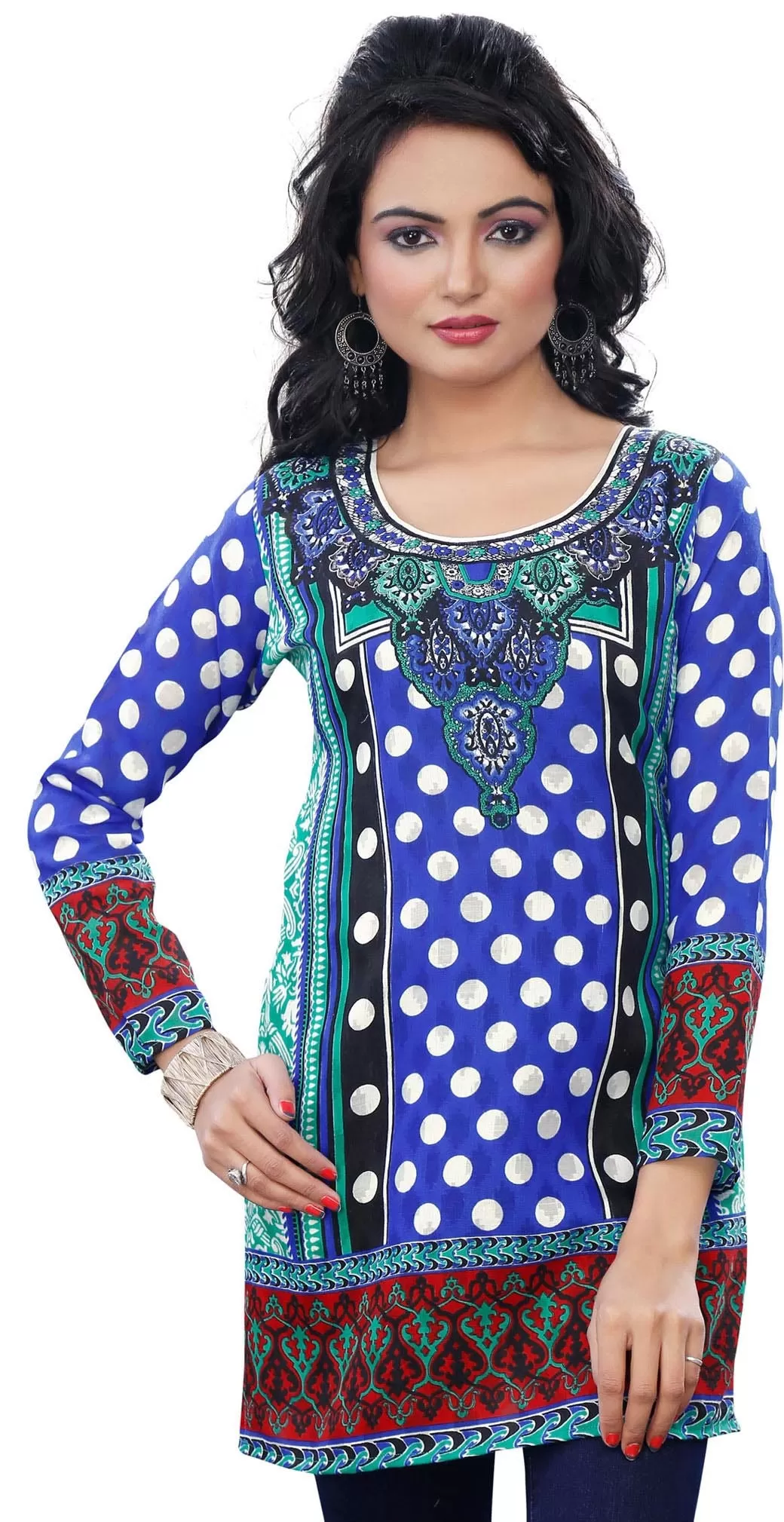 Indian Tunics Kurti Top Long Cotton Blouse Womens India Apparel (Blue)