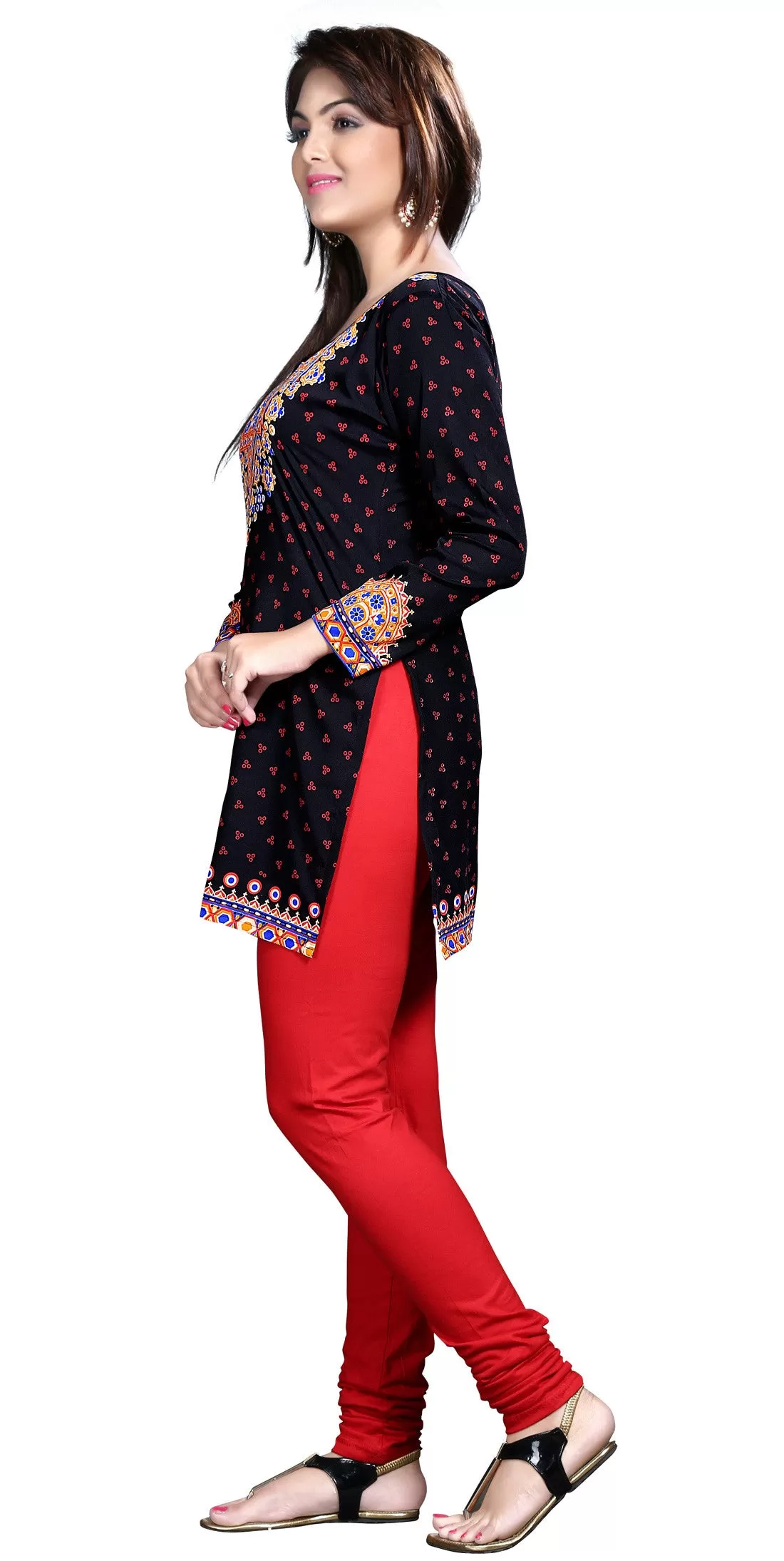 Indian Tunics Short Kurti Top Blouse Womens India Apparel (Black)