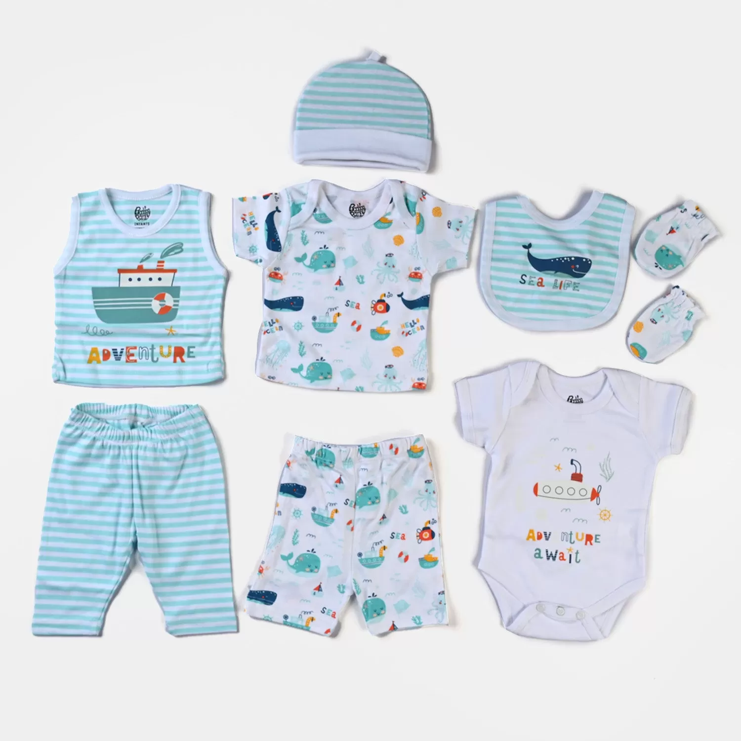 Infant Boys Cotton Poplin 8 Piece Set Marine Life-mIX