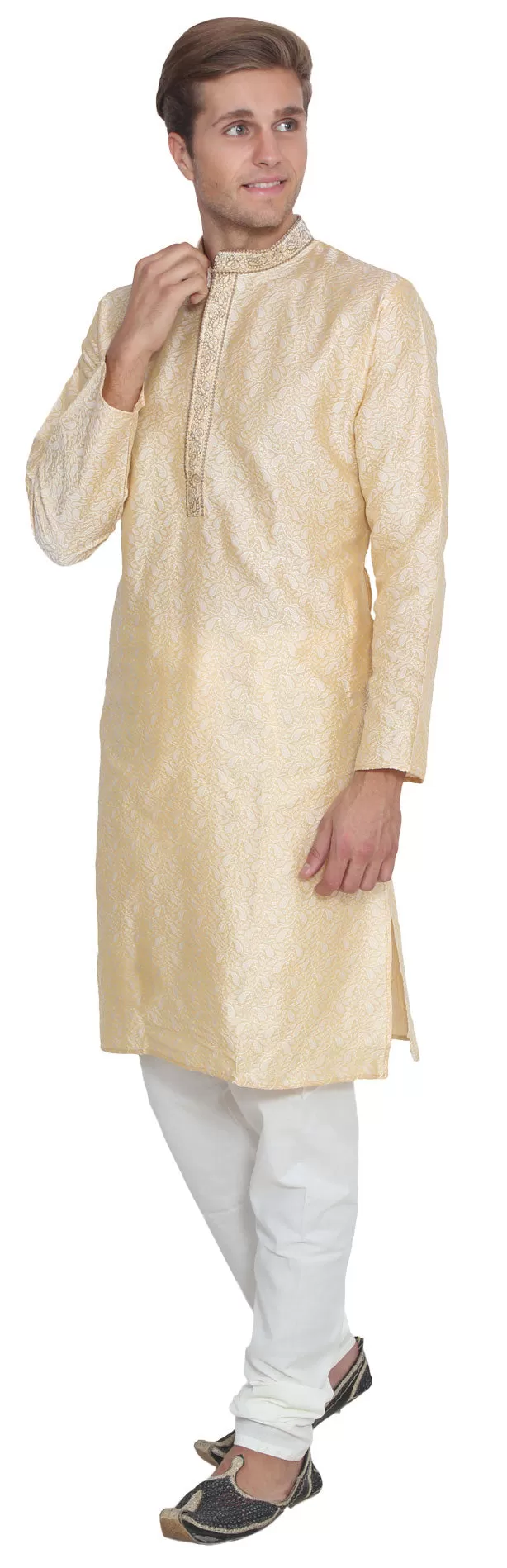 Jacquard Silk Embroidered Men's Kurta Pajama India Clothing (Gold)