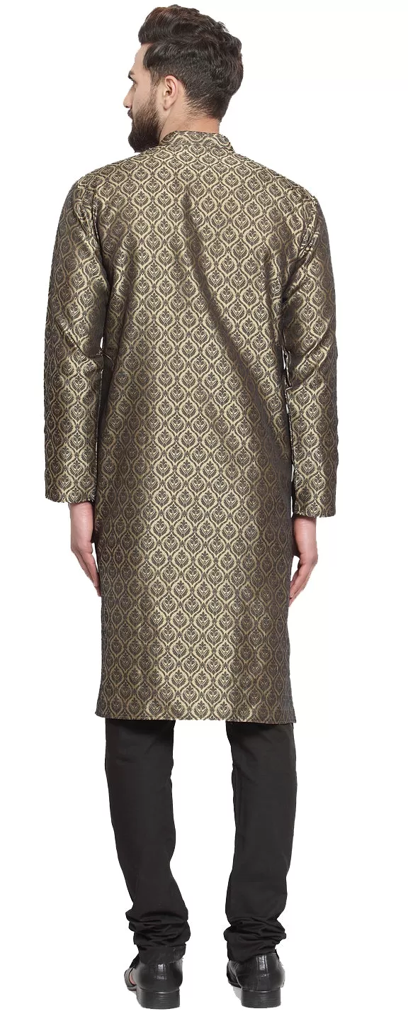 Jacquard Silk Men's Kurta Pyjama Evening Wear India Apparel (Golden)