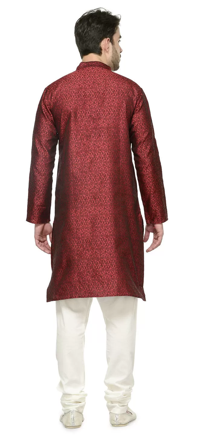 Jacquard Silk Mens Party Wear Kurta Pyjama Indian Clothes (Maroon)