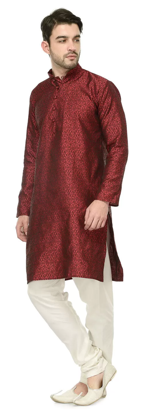 Jacquard Silk Mens Party Wear Kurta Pyjama Indian Clothes (Maroon)