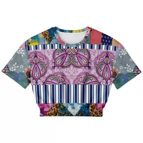 Juxtapose Patchwork Quilt Short Sleeve Cropped Eco-Poly Sweater