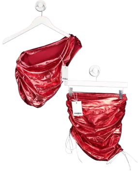 Kasela Studio Red Metallic Ruched Skirt And One Shoulder Top Co Ord UK 8