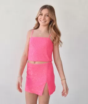 Katie J NYC Girls Taylor Sequin Top Neon Pink