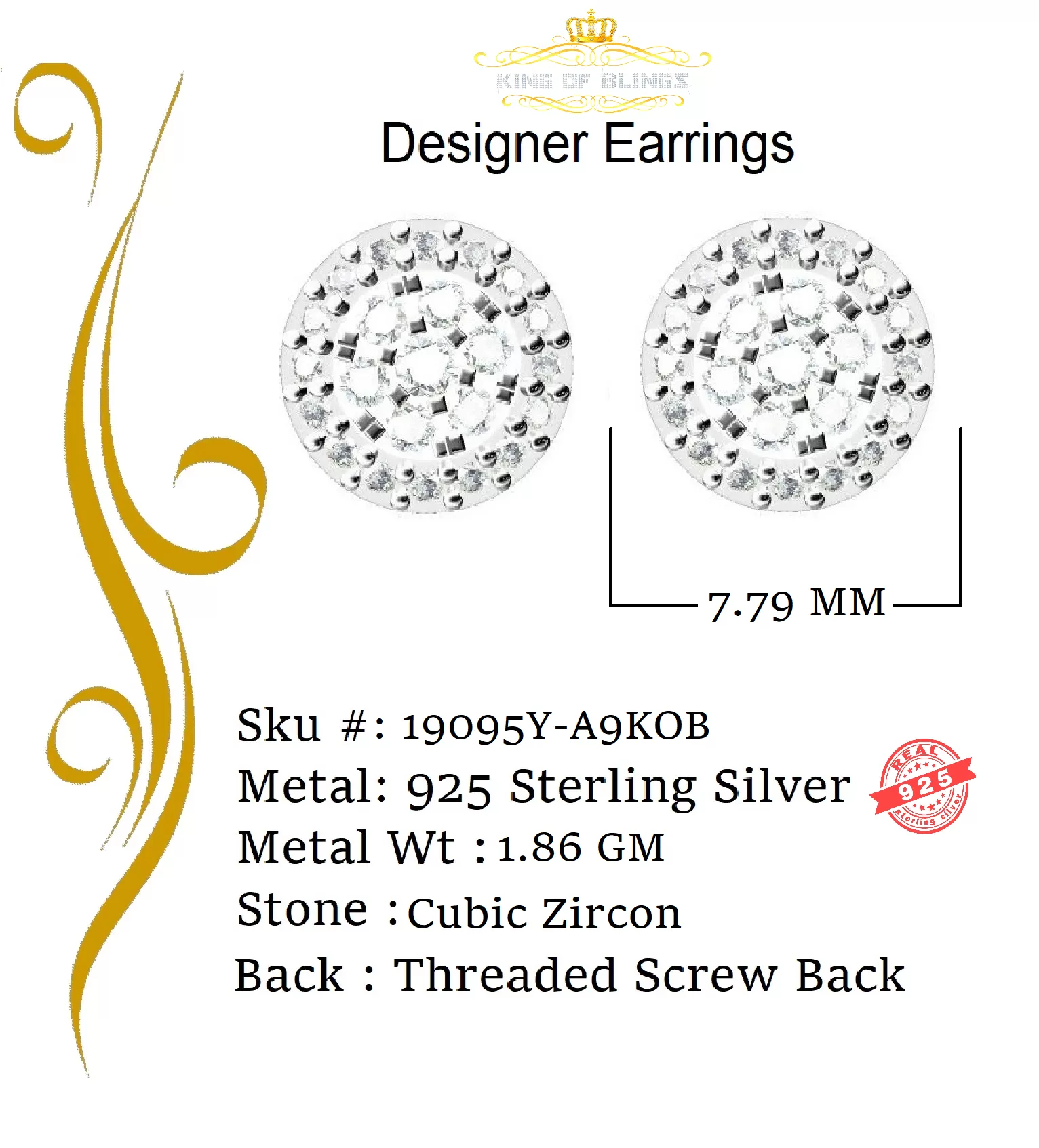 King of Bling's Aretes Para Hombre 925 Yellow Silver 0.88ct Cubic Zirconia Round Women's Earring