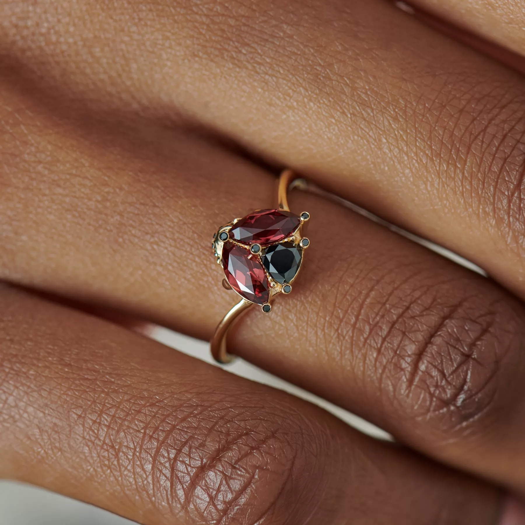 Ladybug Red Garnet & Black Diamond Ring