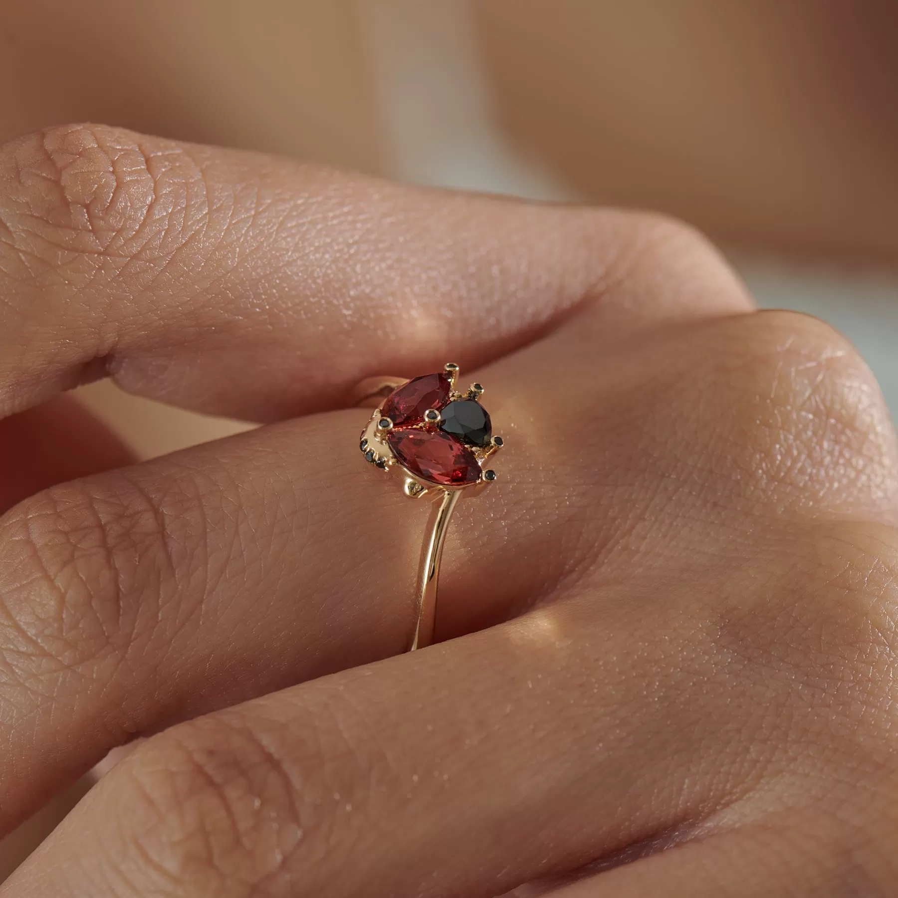 Ladybug Red Garnet & Black Diamond Ring