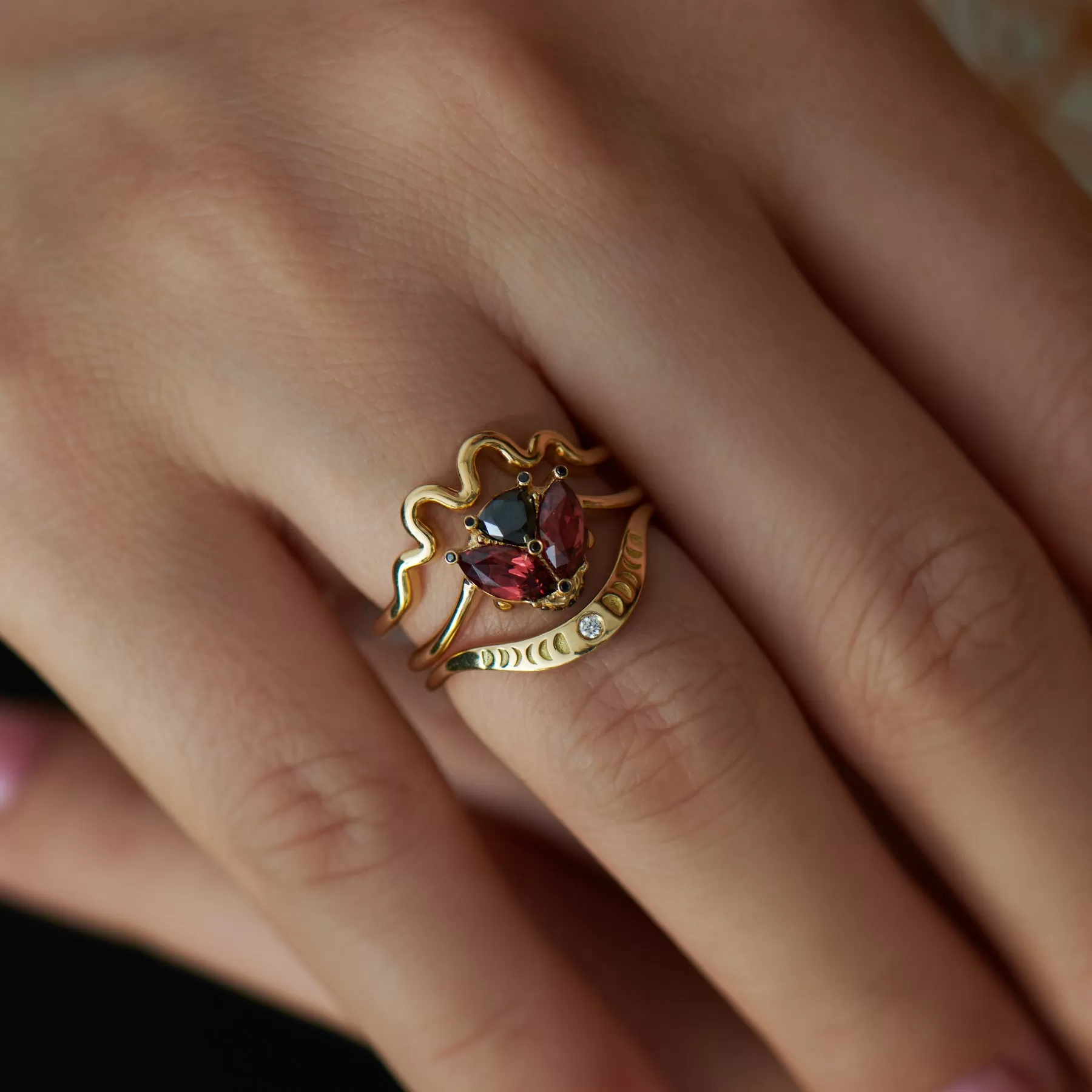 Ladybug Red Garnet & Black Diamond Ring