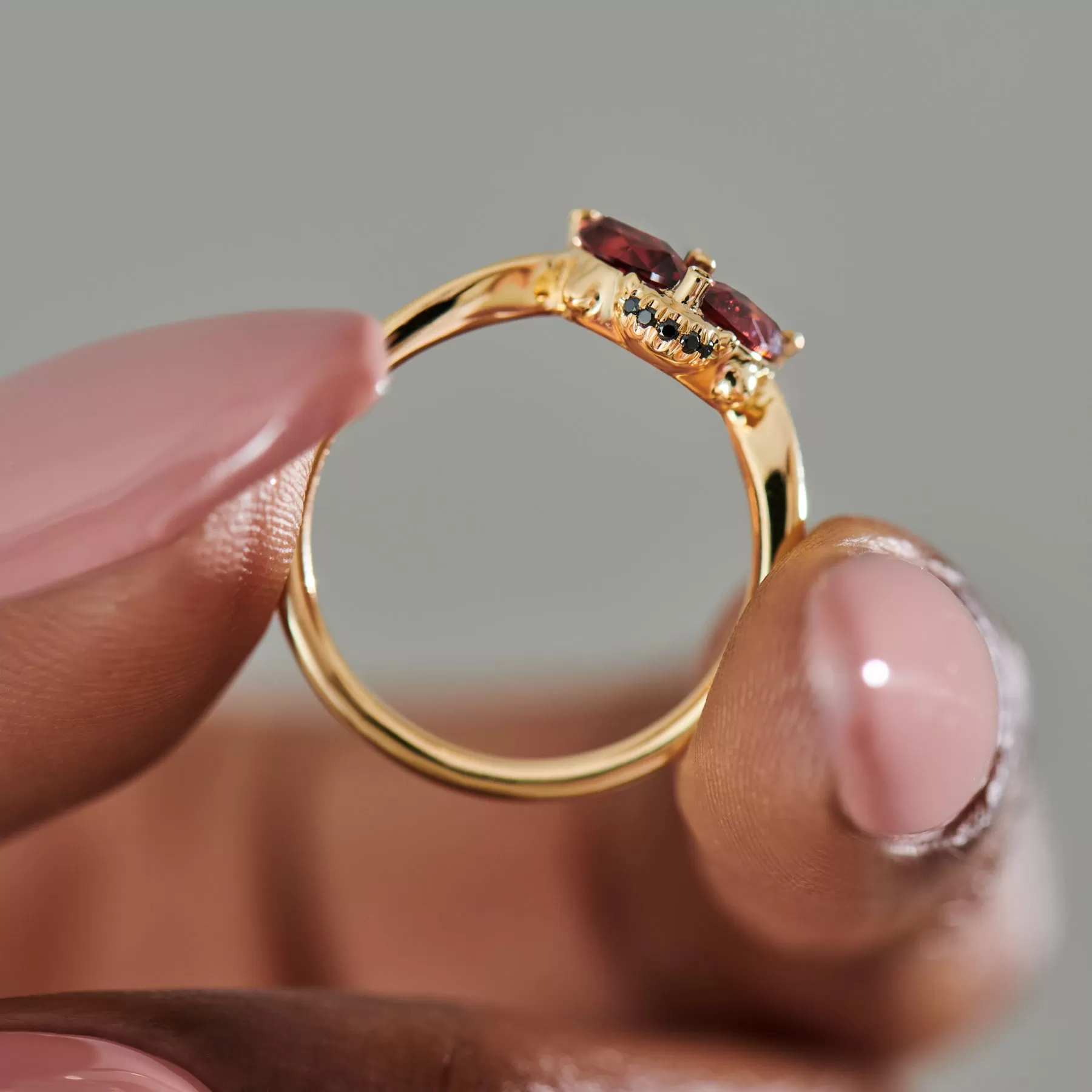 Ladybug Red Garnet & Black Diamond Ring