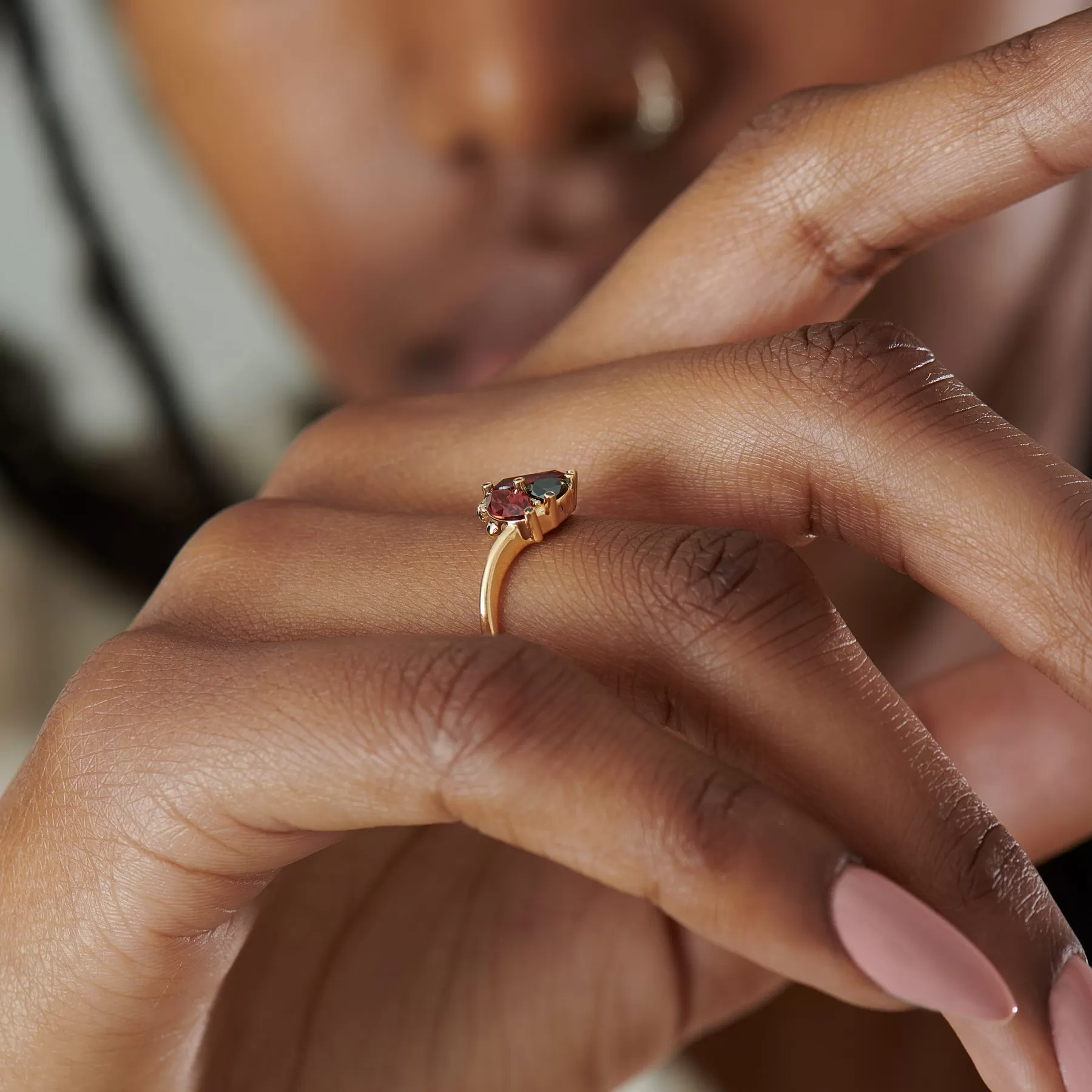 Ladybug Red Garnet & Black Diamond Ring