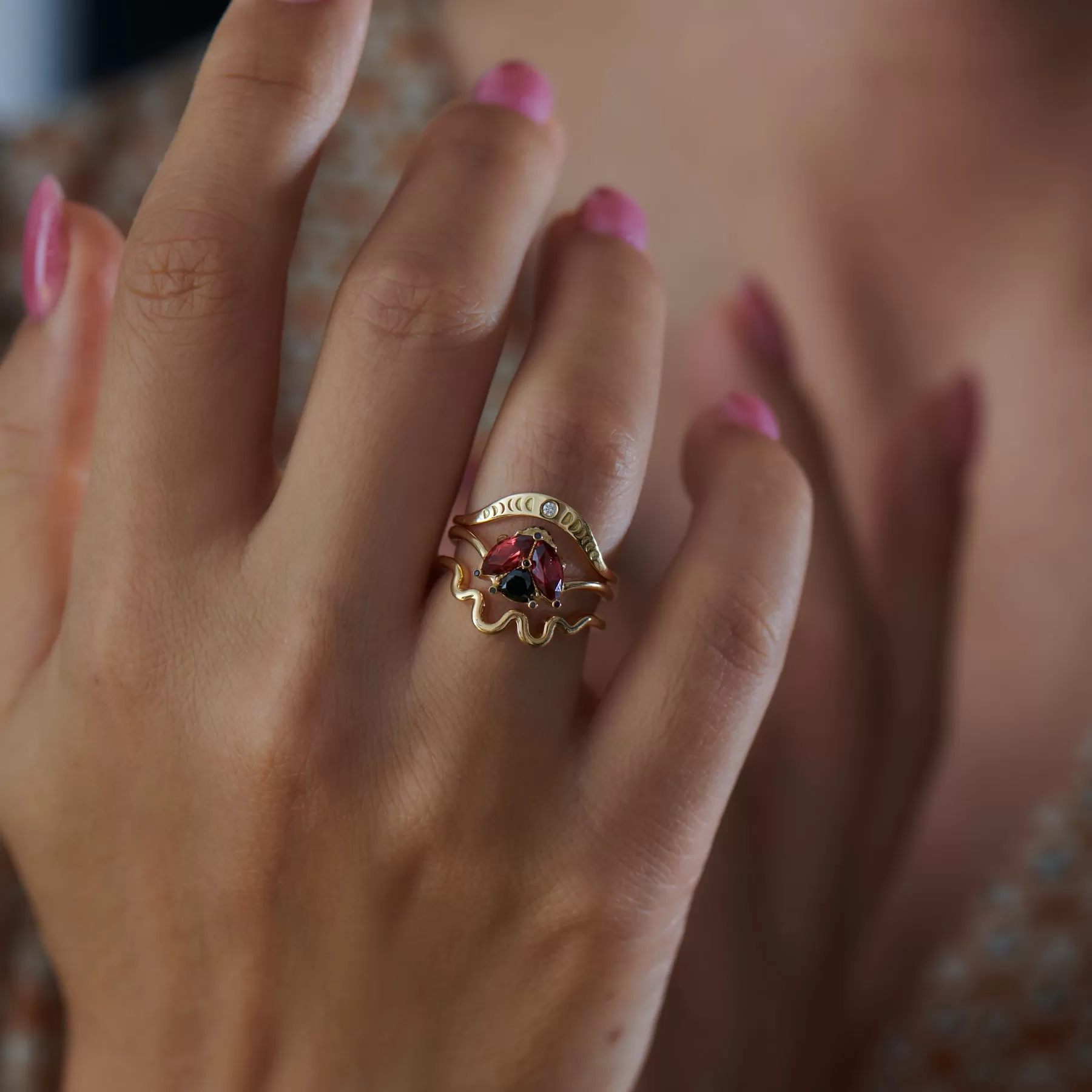 Ladybug Red Garnet & Black Diamond Ring