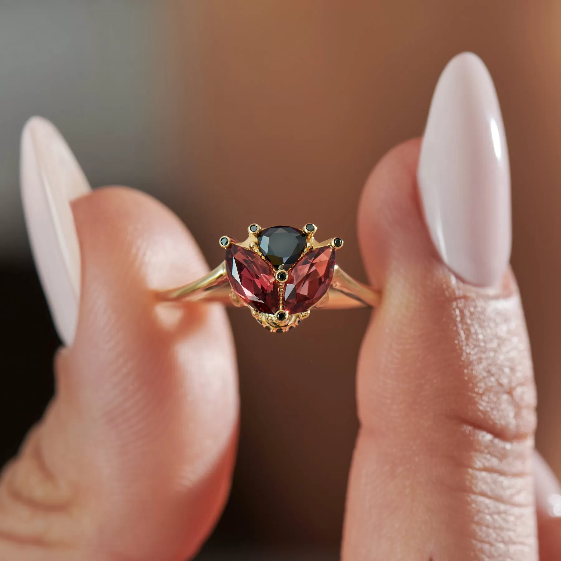 Ladybug Red Garnet & Black Diamond Ring