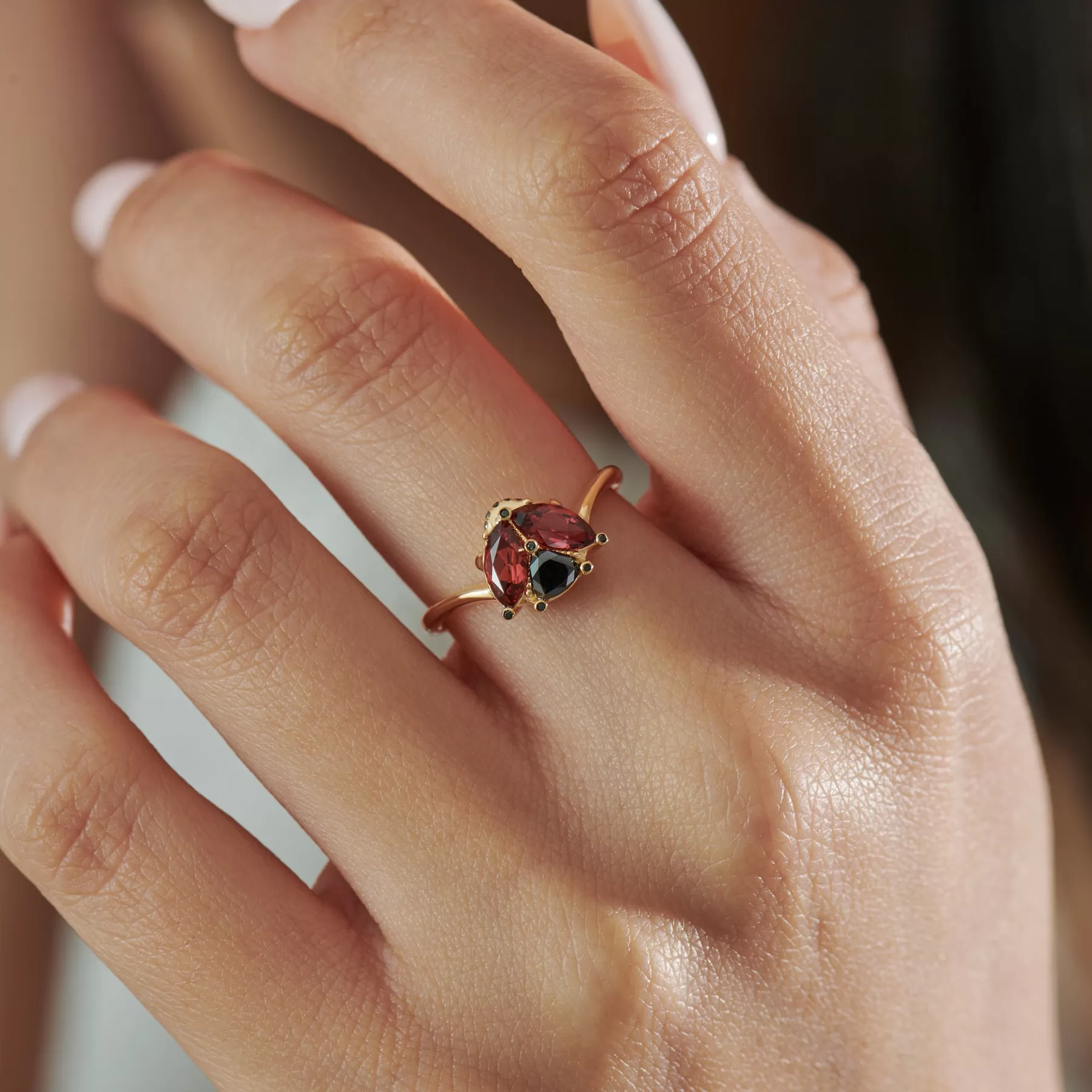 Ladybug Red Garnet & Black Diamond Ring