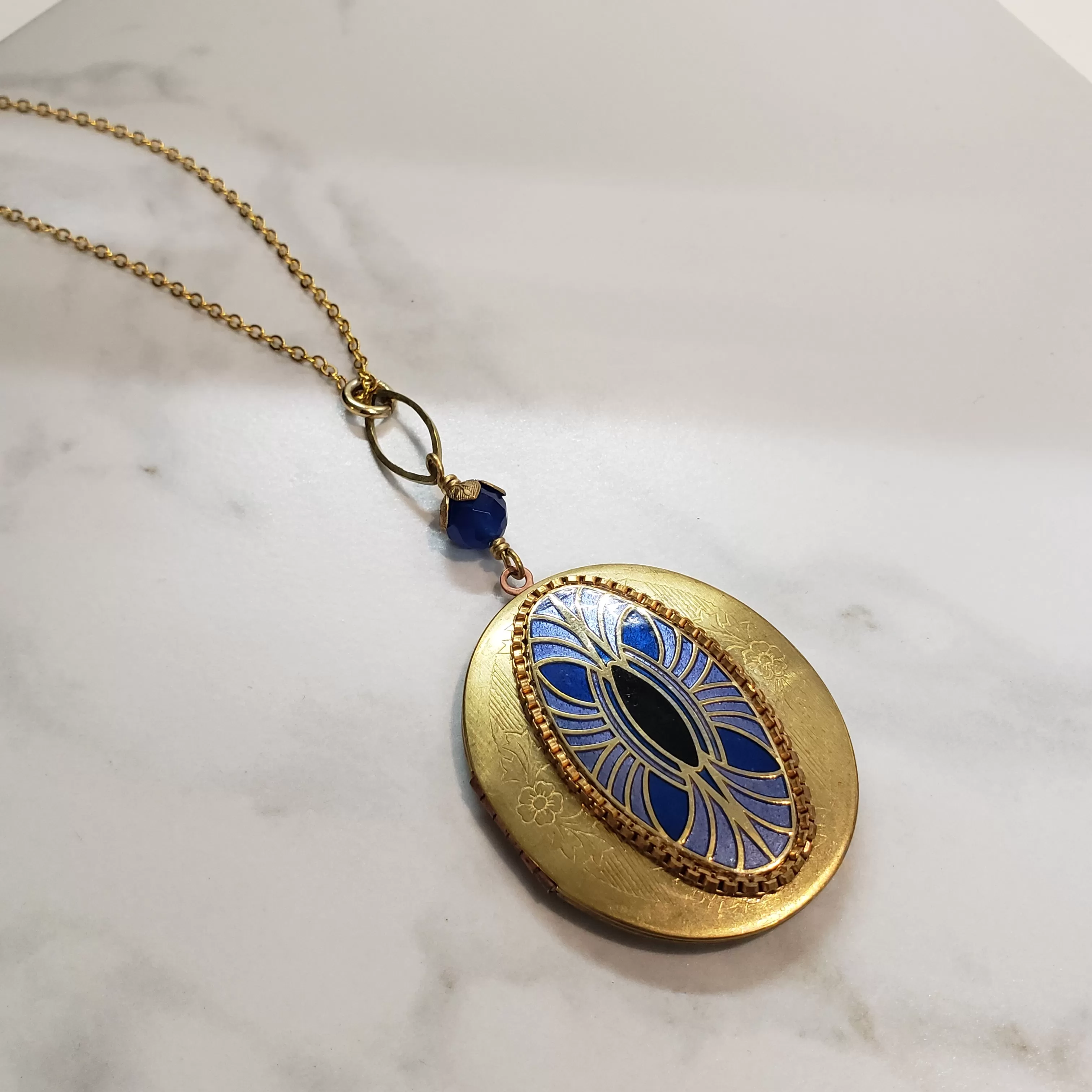 Large Vintage Locket Cloisonne Eye - Blue Onyx