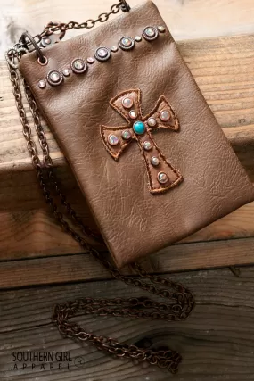 Leatherette Mini Crossbody Bag with Rhinestones and Cross with Chain Strap