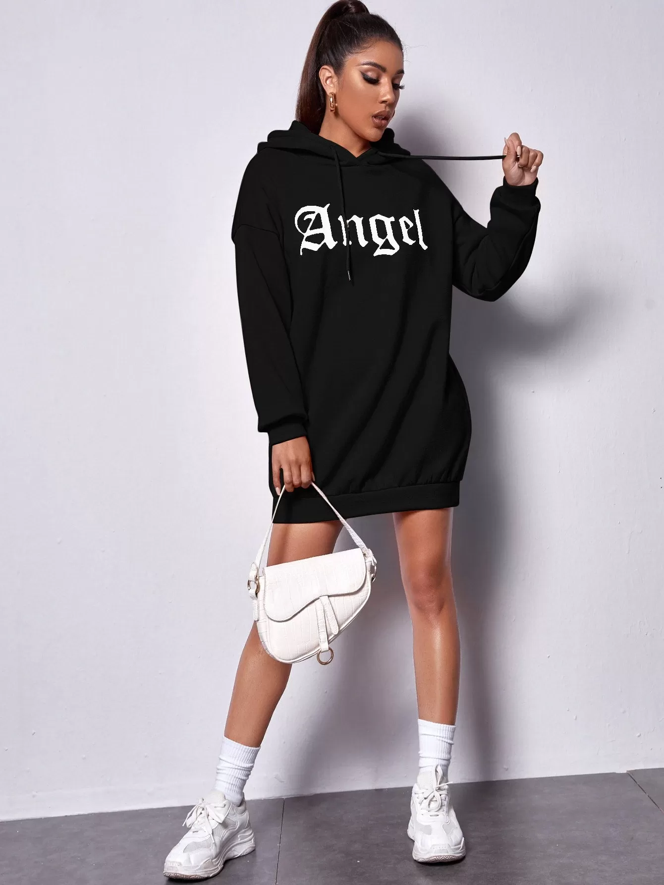 Letter Graphic Drawstring Hooded Sweatshirt Dress