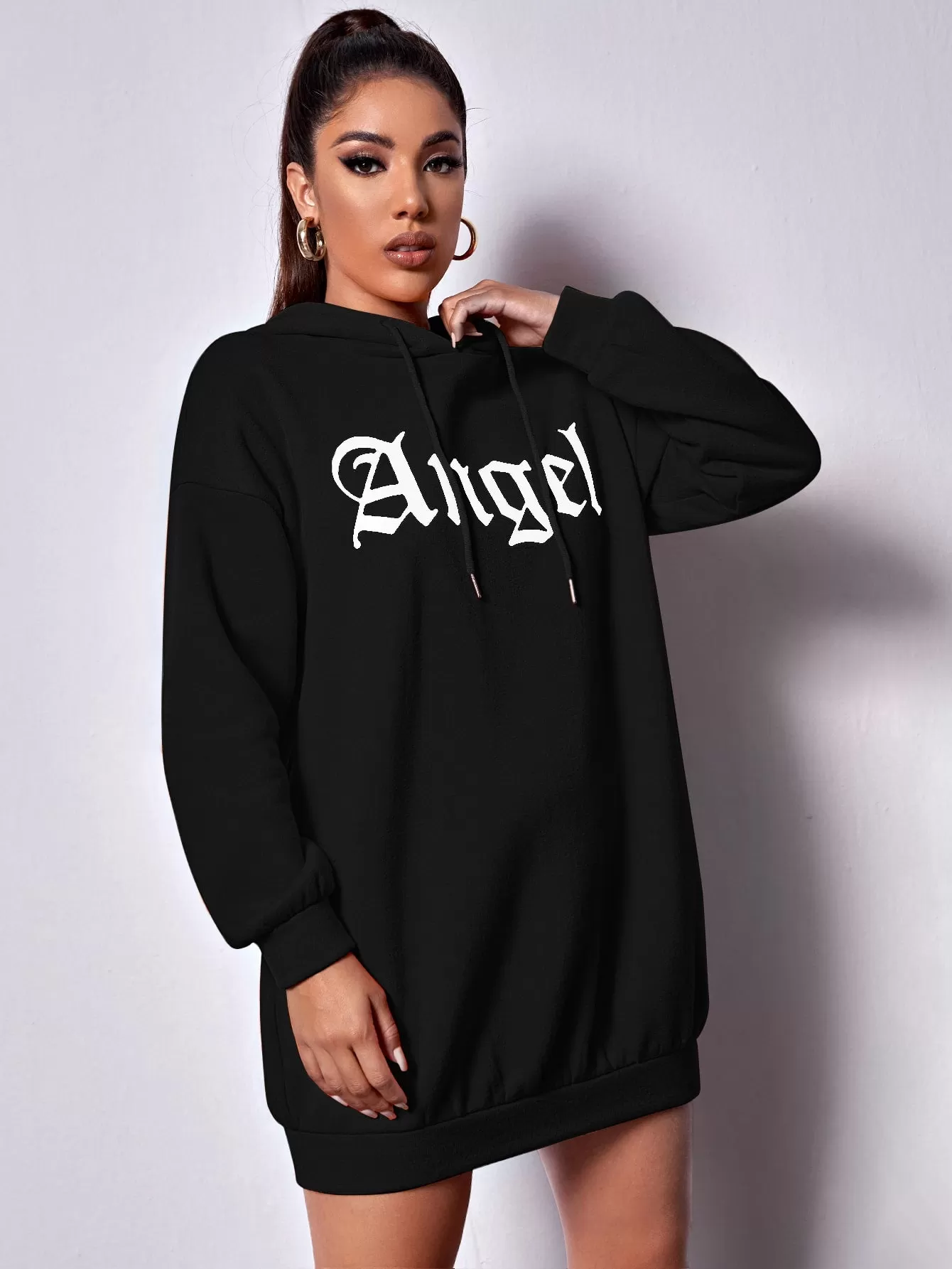 Letter Graphic Drawstring Hooded Sweatshirt Dress