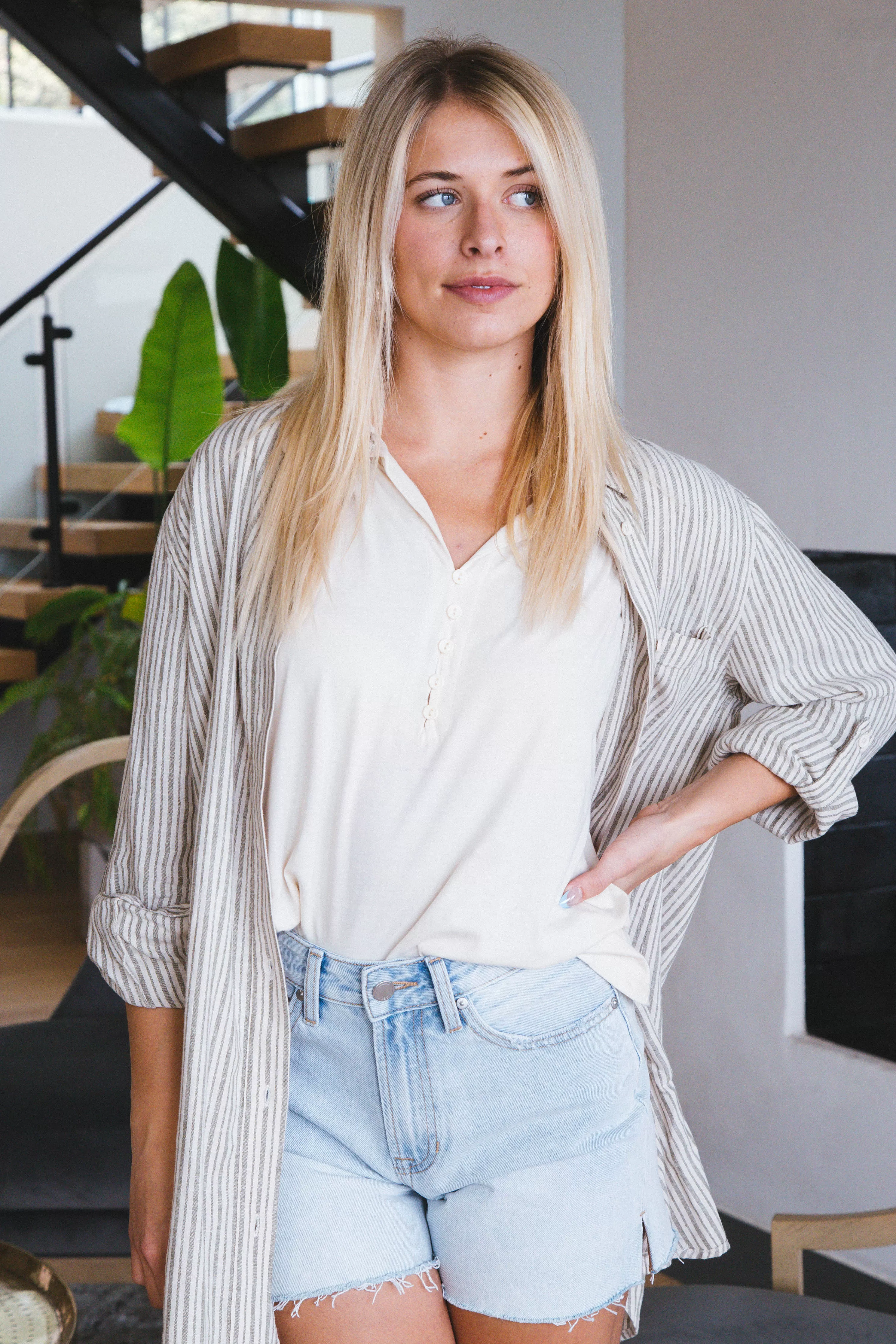 Long Line Pocket Shirt, Eco Olive Stripe | Sanctuary