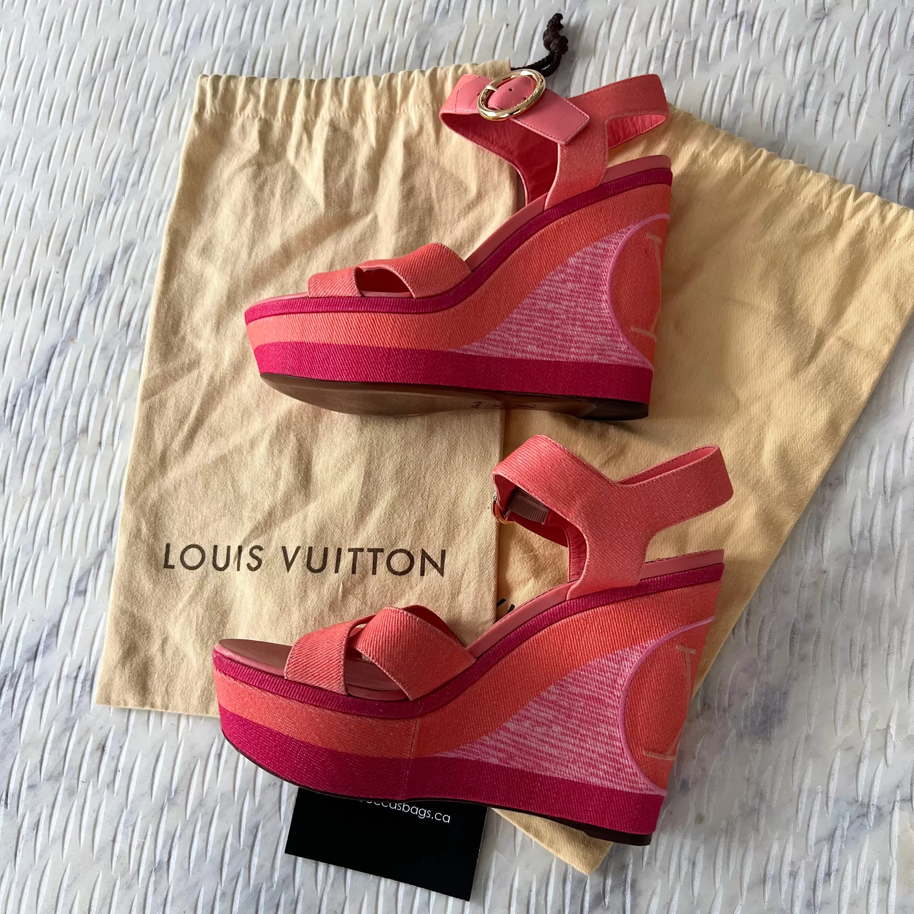 Louis Vuitton Pink Orange Canvas Wedge Heels