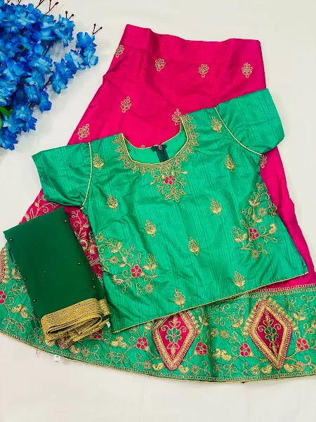 Lovely Green Color Heavy Embroidery Satin Silk Girls Lehenga Choli With Dupatta