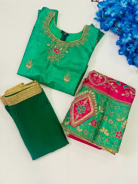 Lovely Green Color Heavy Embroidery Satin Silk Girls Lehenga Choli With Dupatta