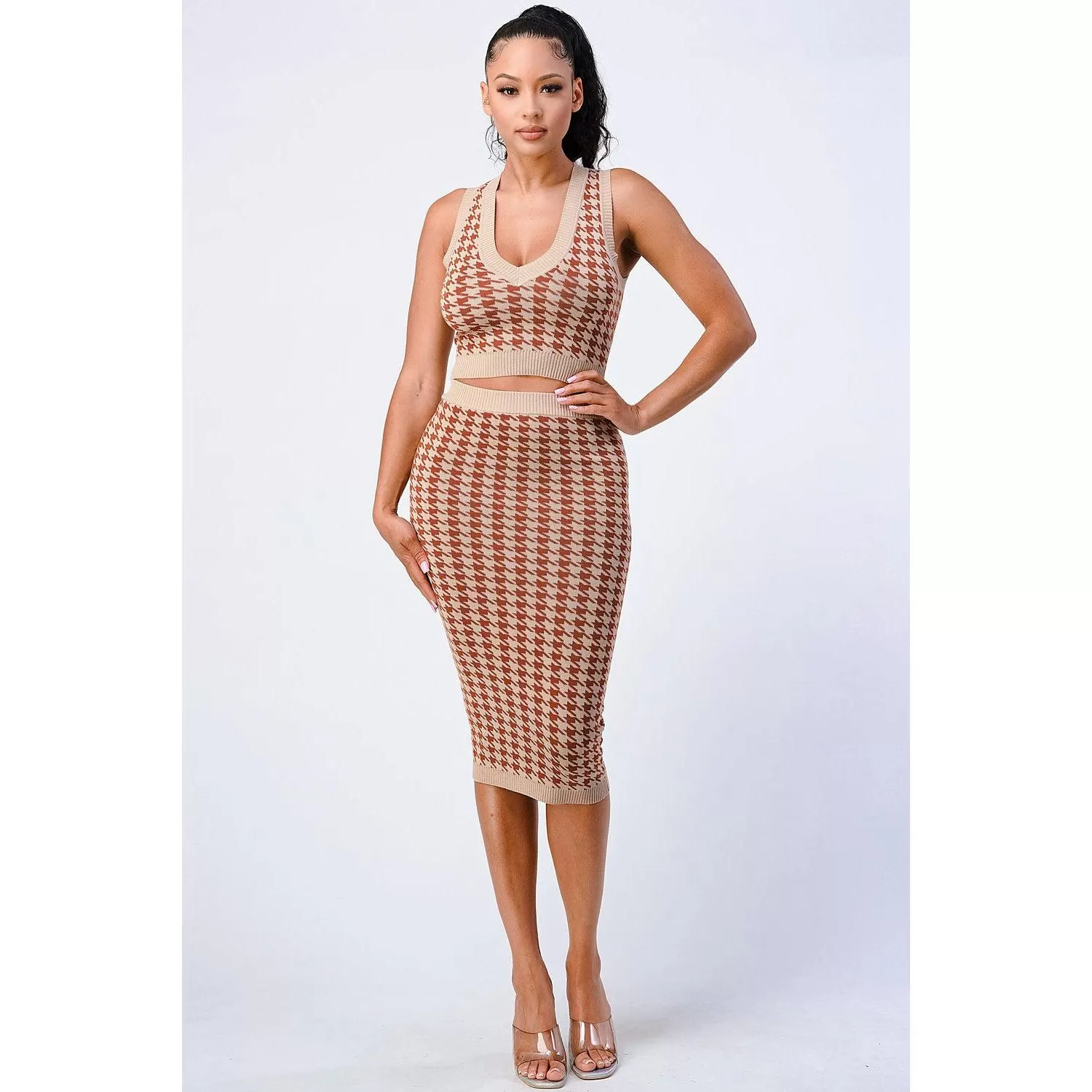 Luxe Gingham Rib Knit Top And Skirt Sets