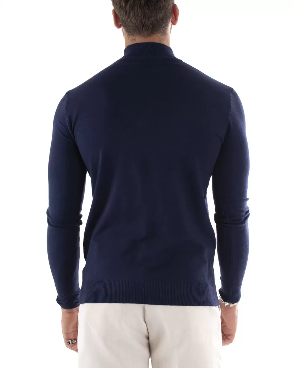 Maglioncino Uomo Maglia Maniche Lunghe Mezzo Collo Elastico Tinta Unita Blu GIOSAL-M2568A