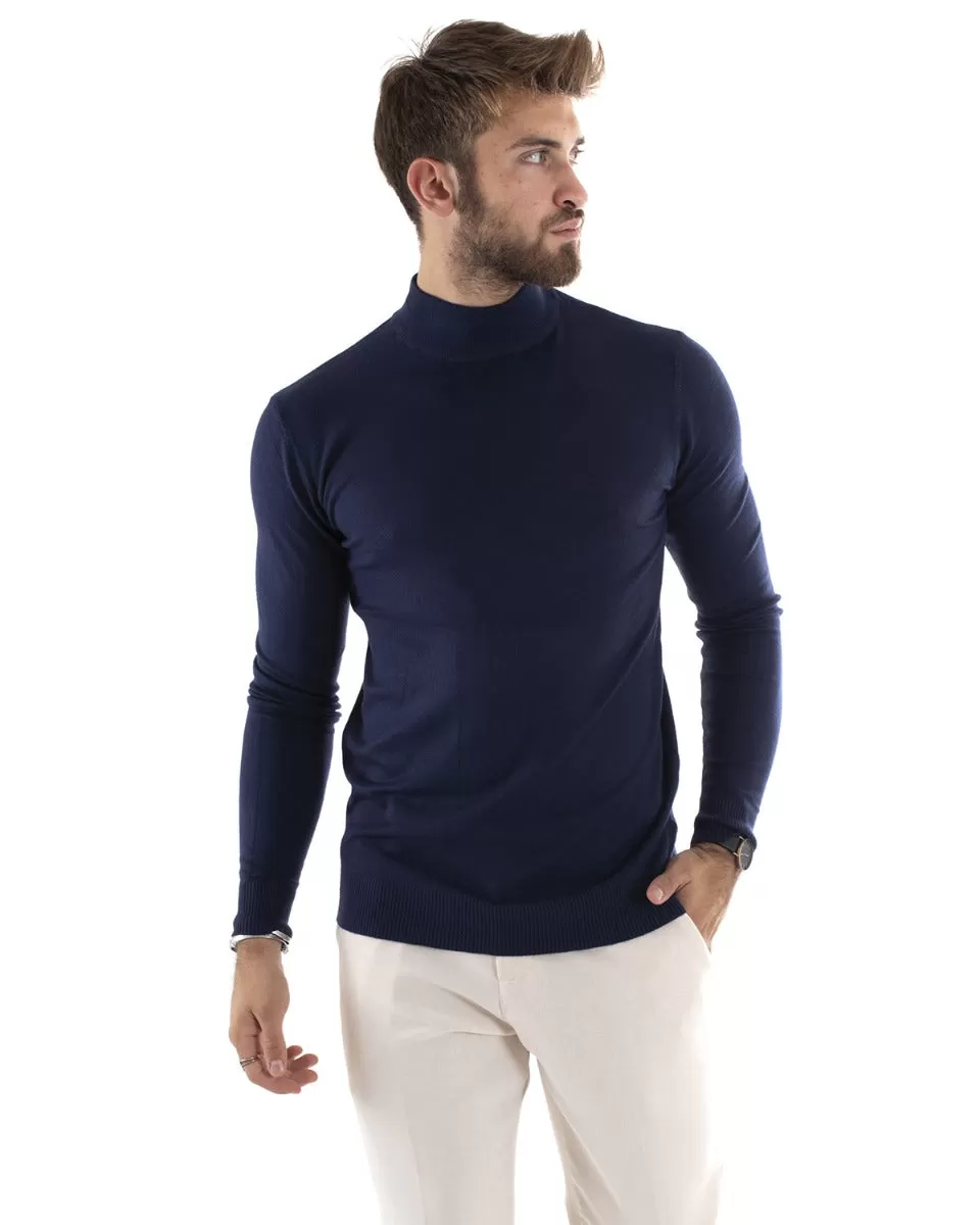 Maglioncino Uomo Maglia Maniche Lunghe Mezzo Collo Elastico Tinta Unita Blu GIOSAL-M2568A