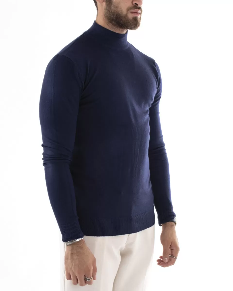 Maglioncino Uomo Maglia Maniche Lunghe Mezzo Collo Elastico Tinta Unita Blu GIOSAL-M2568A