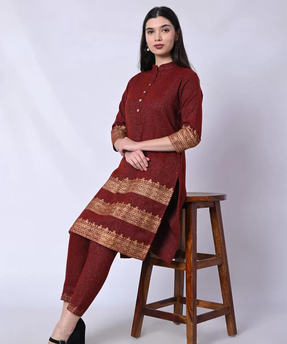 Maroon golden handblock printed woolen kurta set