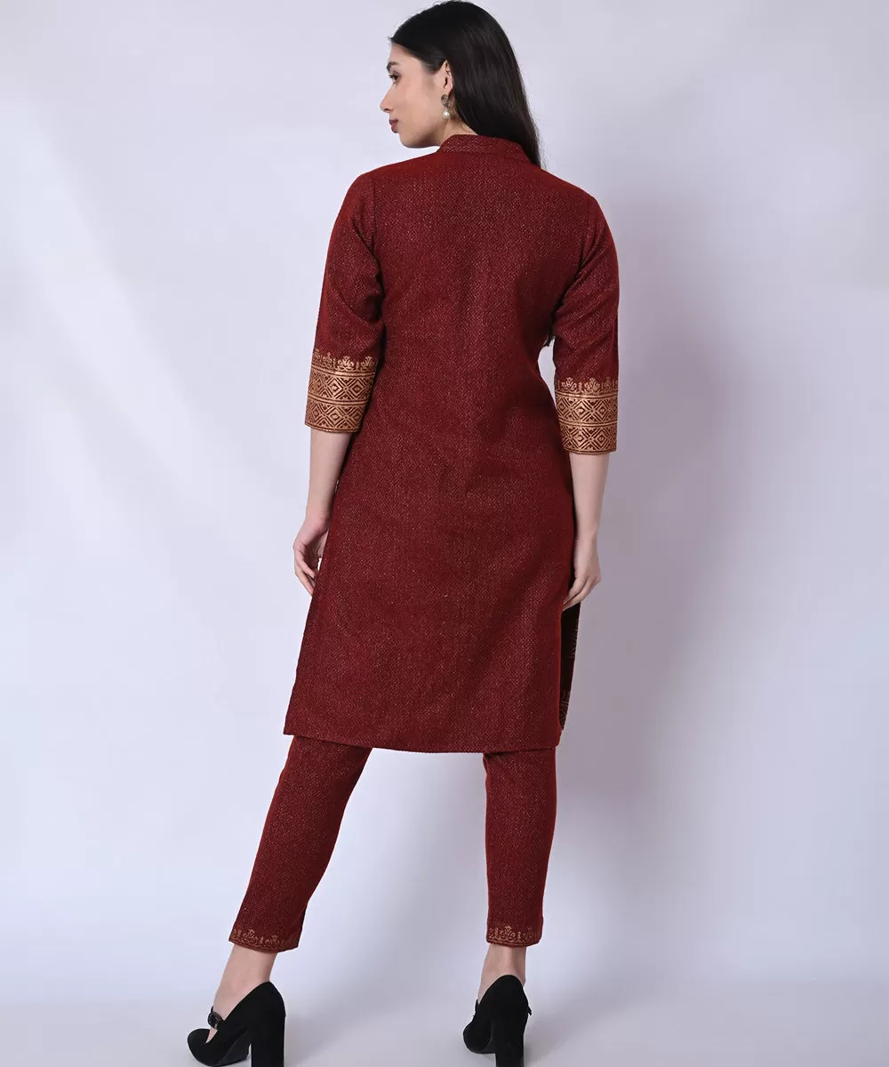 Maroon golden handblock printed woolen kurta set