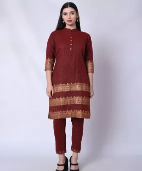 Maroon golden handblock printed woolen kurta set