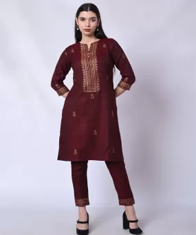 Maroon handblock printed woolen kurta set