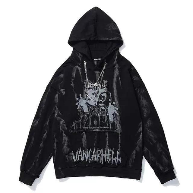 Men Hip Hop Hoodie Sweatshirt Gothic Horror Skull Print Punk Chain High Street Hipster Baggy Hooded Pullover Streetwear