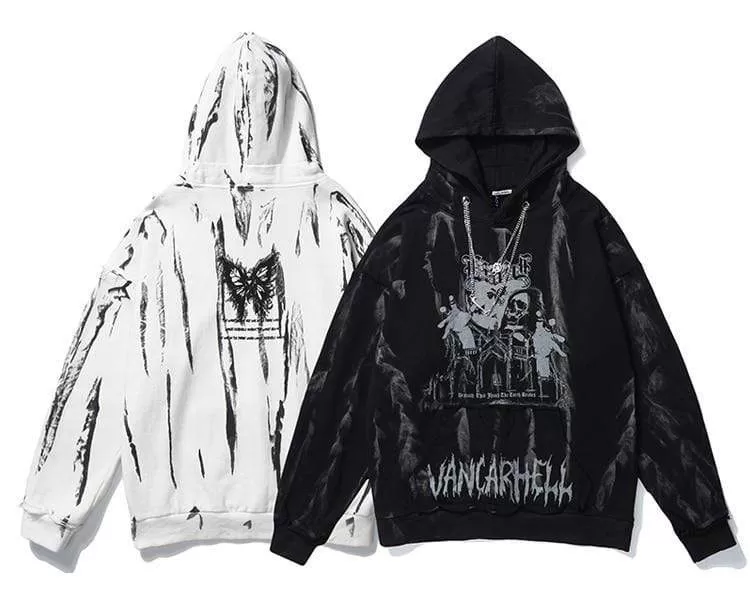 Men Hip Hop Hoodie Sweatshirt Gothic Horror Skull Print Punk Chain High Street Hipster Baggy Hooded Pullover Streetwear