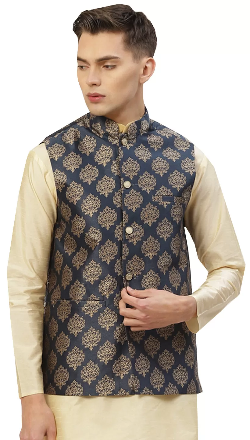 Men's Jacquard Silk Nehru Jacket Traditional India Waistcoat (Blue)