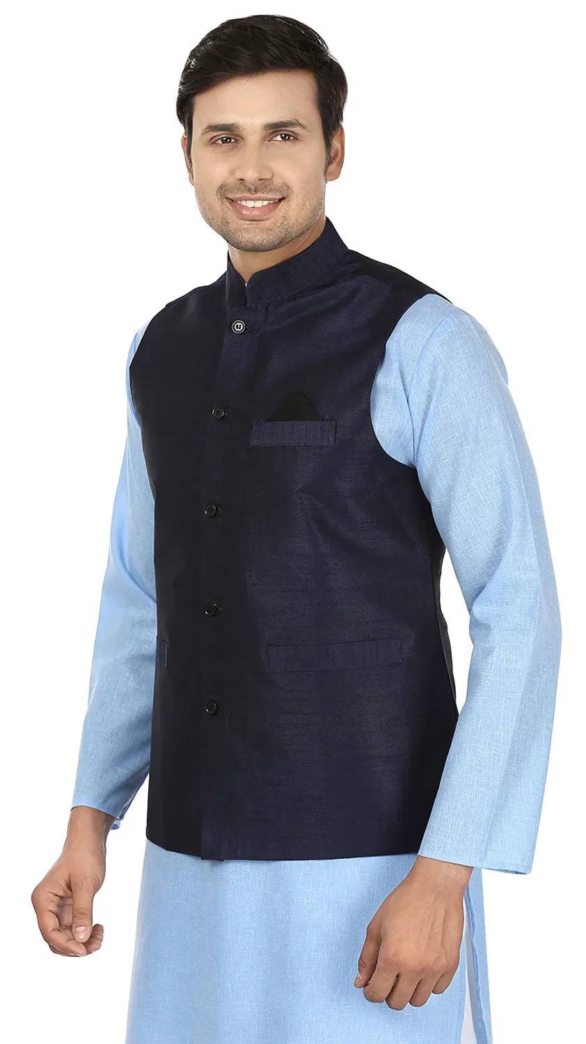 Men's Sleeveless Silk Nehru Jacket Traditional India Waistcoat (Blue)