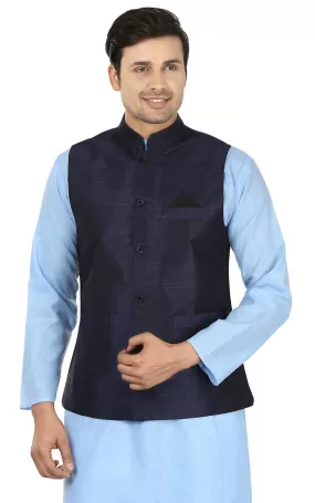 Men's Sleeveless Silk Nehru Jacket Traditional India Waistcoat (Blue)