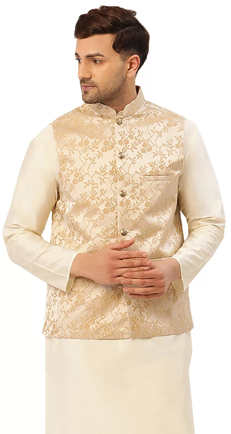 Men's Sleeveless Traditional Indian Closed Neck Waistcoat (Beige)