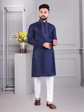 Men's Solid Embroidered Blue Silk Kurta Pajama Set