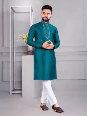 Men's Solid Embroidered Teal Blue Silk Kurta Pajama Set