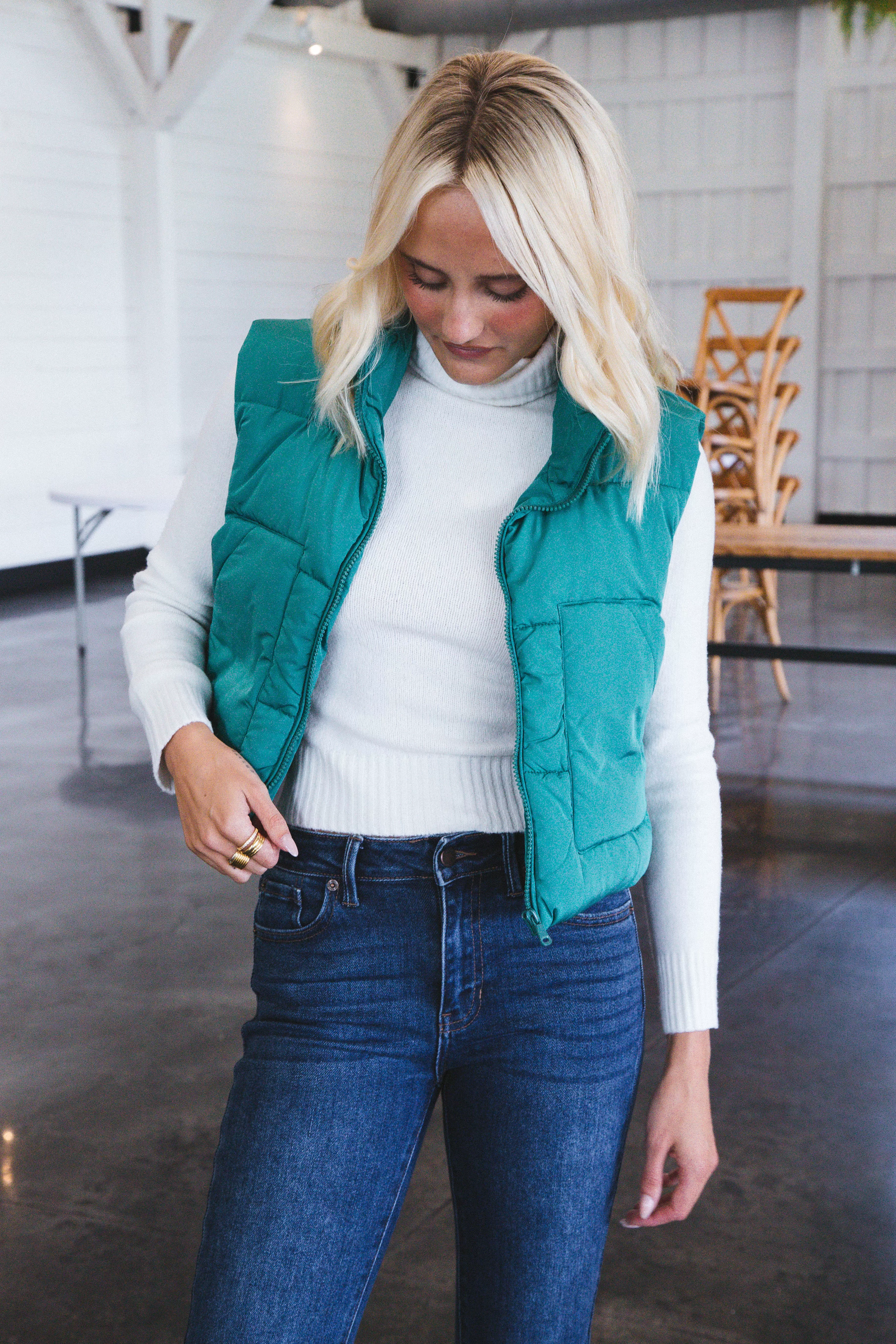 Miloh Zip Up Puff Vest, Green