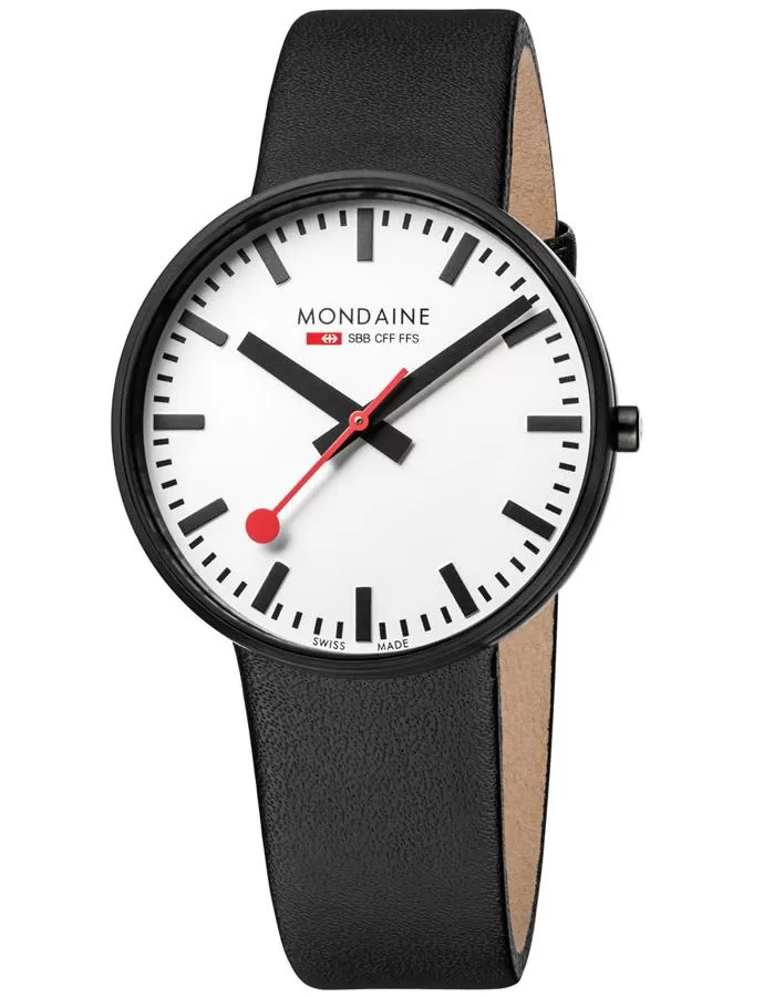 Mondaine Mens Giant - Black IP Steel Case - Black Leather Strap - White Dial