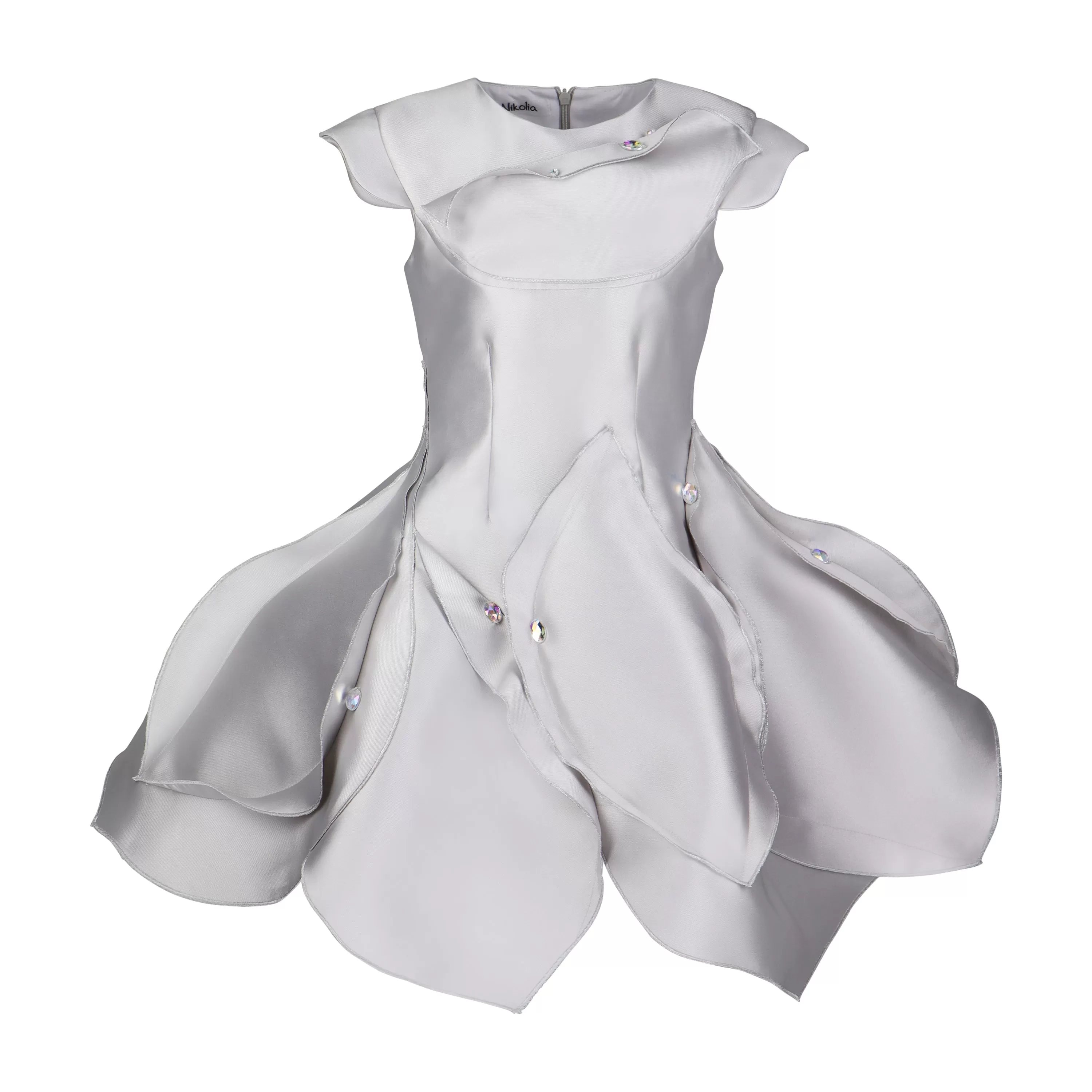 NIKOLIA Beautiful Madness Divine Taffeta Petal Dress in Silver